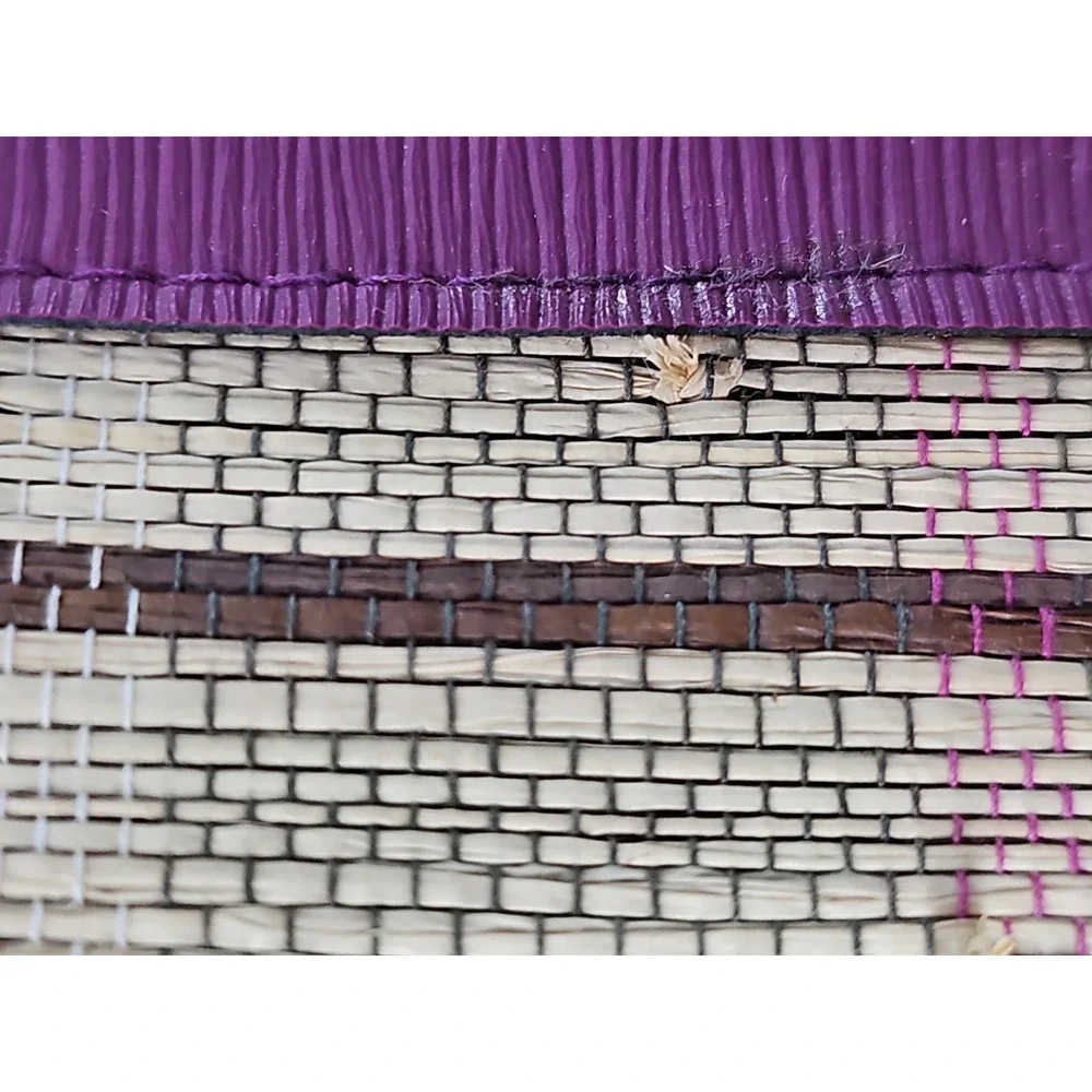 Handmade Woven Raffia Tote Bag Purple Faux Leather Straps Striped Boho Summer